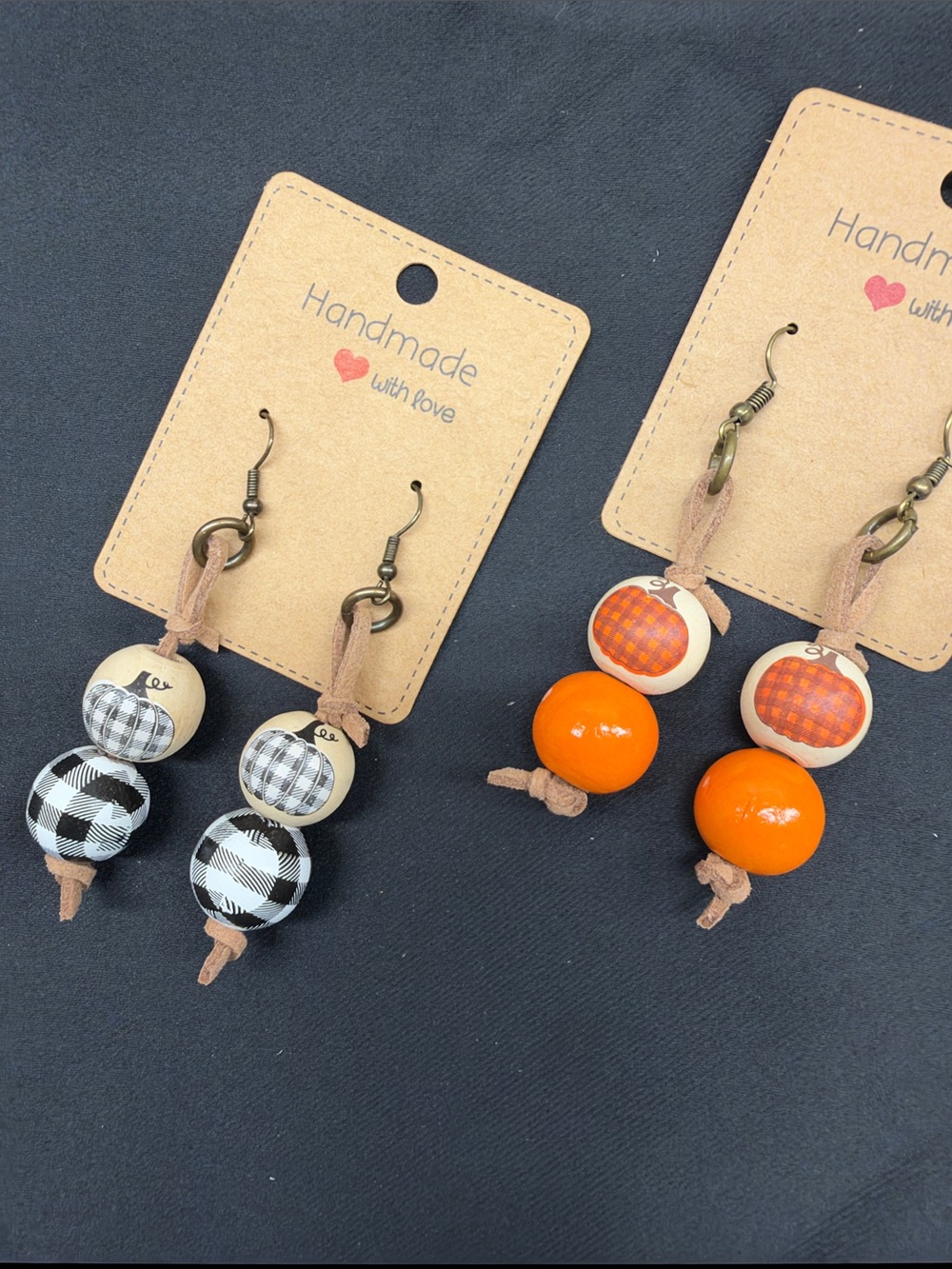 Handmade Earrings — Orange & Black Plaid Bead Dangles